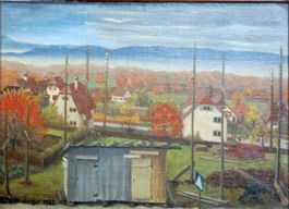 Baustelle mit Arbeiter – Ölbild (1952)