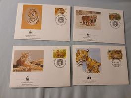 Enveloppes Premier Jour WWF Tigres et Léopards lot de 4