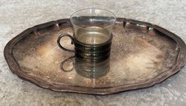 Tablett mit Tassen, versilbert, antik, 6-teilig