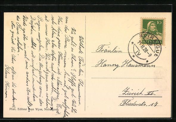 Cartoline postali: AK Noiraigue, Vue generale, 1928 – Usato da Berlin venduto da bartko-reher 1