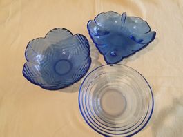 3er Set blaue Glas-Schalen Vintage / Kobaltblau