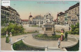 Basel - Strassburgerdenkmal mit Bahnhof - Litho