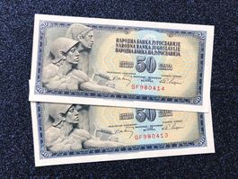 ***UNC 2 x 50 Dinara - Vintage - Belgrad 1968 - Jugoslawien
