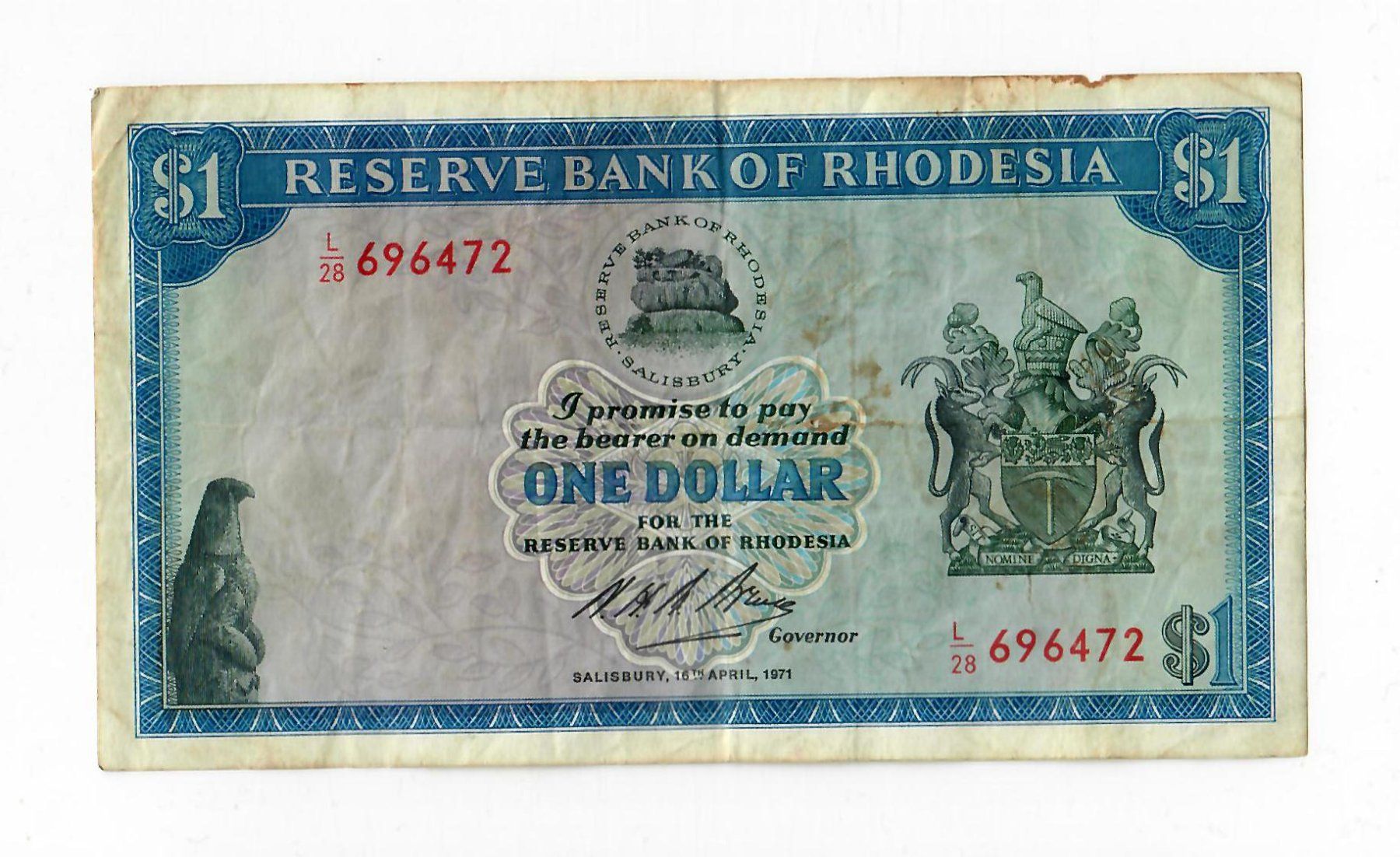 Banknoten: Banknote Rhodesia, 1 Dollar, 1971 – Gebraucht aus Landquart von balboajimmy