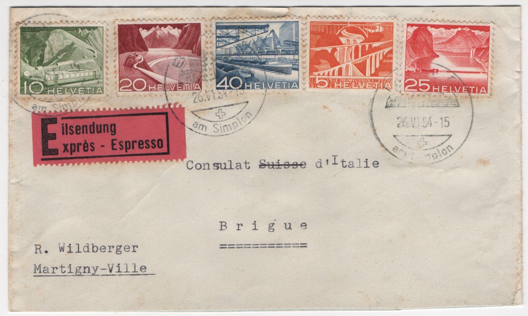 Buste & buste per spedizione: 1949 Technik und Landschaft Express-Brief von 26.VI.1954 – Usato da Gordola venduto da tist