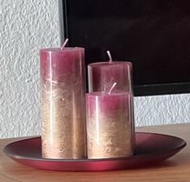 3 schöne Kerzen inkl. Dekoteller bordeau gold
