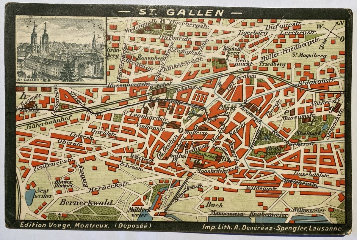 Cartoline postali: Alte Ansichtskarte St. Gallen mit Stadtplan, 1909 – Usato da Riehen venduto da Tignanello1