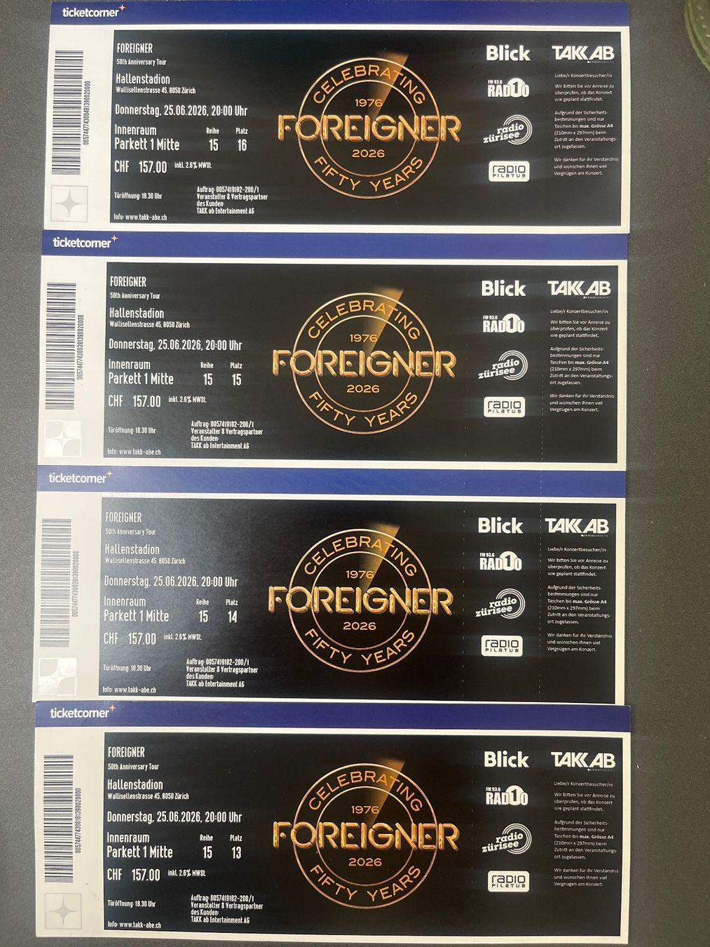 Biglietti: Foreigner-Tickets - 4 Stück Golden Circle – Nuovo (secondo la descrizione) da Wilen b. Wollerau venduto da littleal