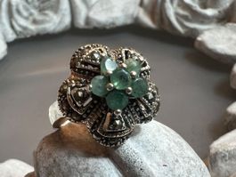 Vintage Ring Sterling Silber mit Smaragden u Markasiten G 51