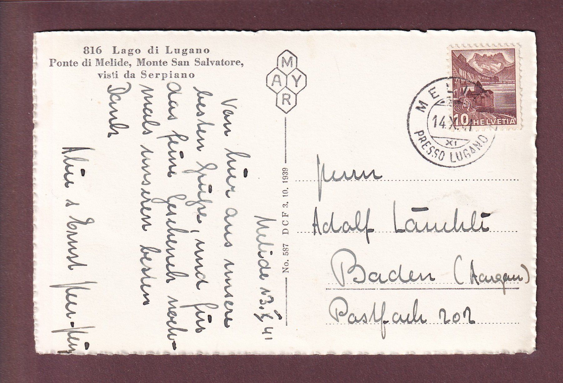Cartes postales: PONTE DI MELIDE visto da Serpiano - 1941 – D'occasion à Pully par nicecards 1