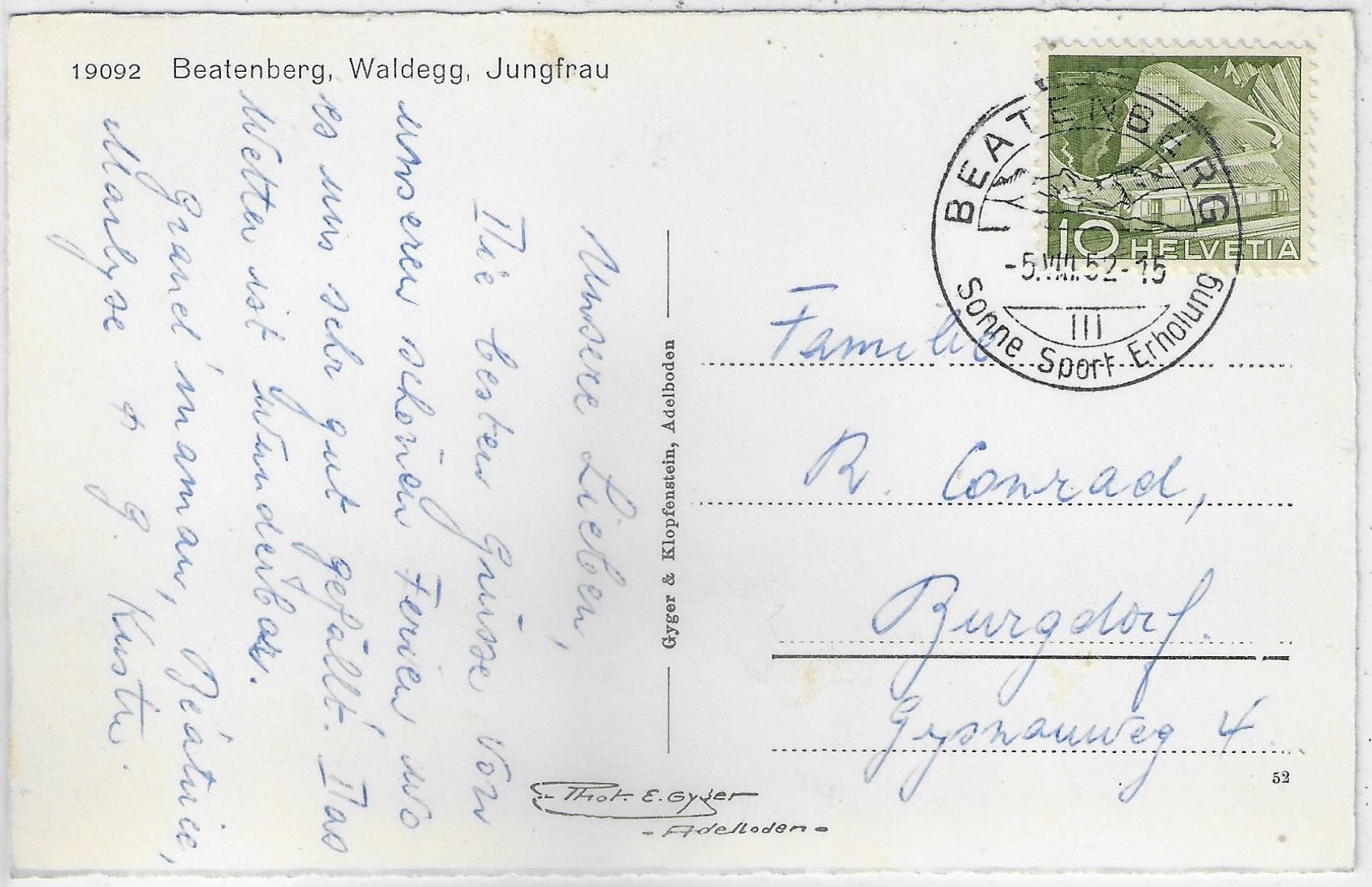 Cartoline postali: Beatenberg - Waldegg. Jungfrau - Photo: E. Gyger – Usato da Ettingen venduto da Kartenplanet 1