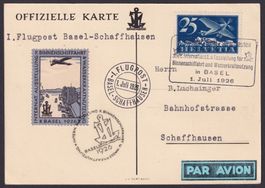 Flugspende Vignette 1926.3A Basel Ausstellung, offiz. Karte