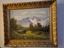 Ölgemälde Alpenlandschaft mit Hütte und Bergen gerahmt