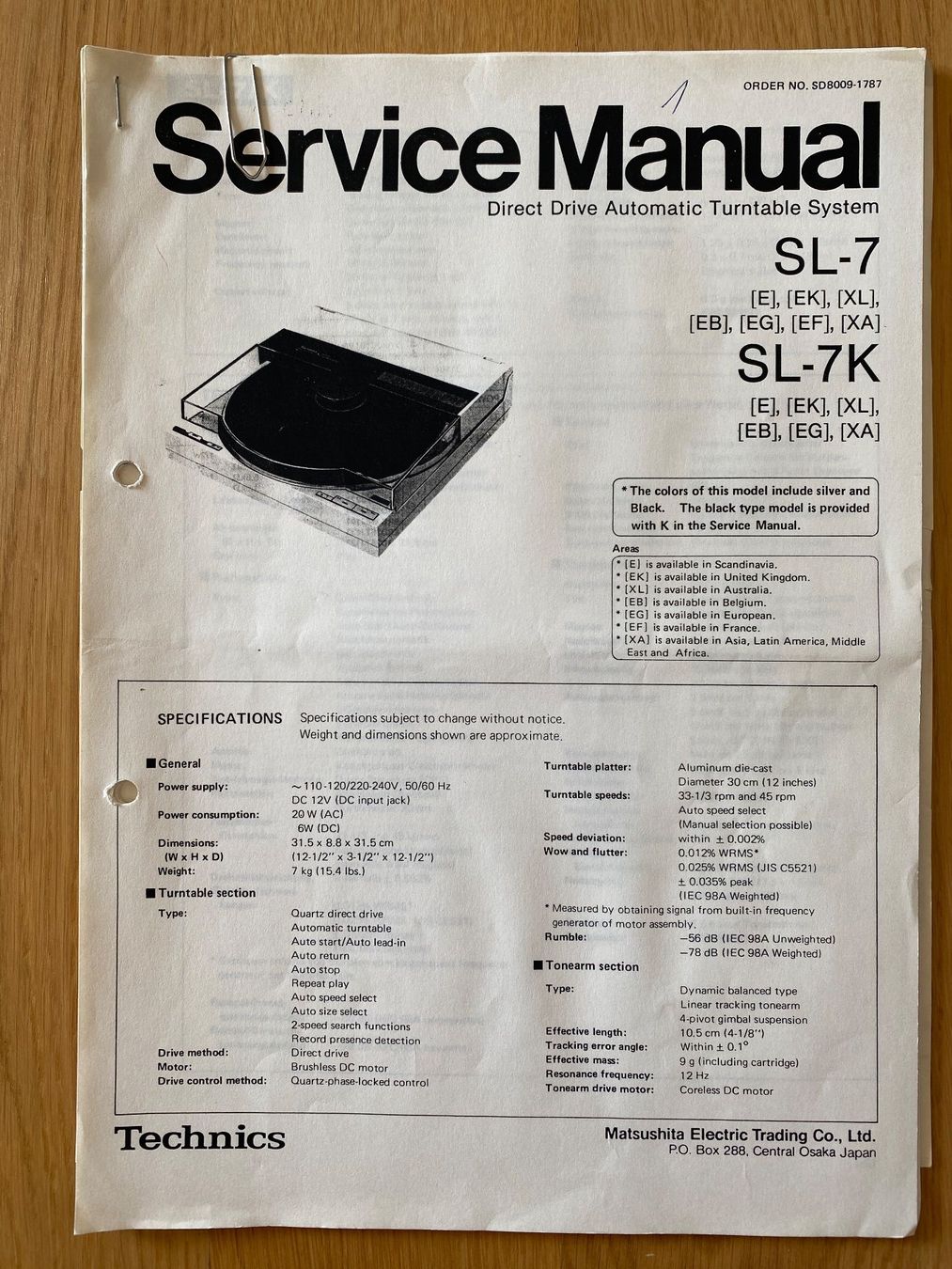 Technics Tourne-disques: Service Manual TECHNICS Turntable SL-7 – D'occasion à Erlenbach ZH par Leaford