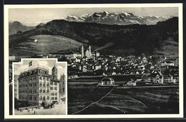 Einsiedeln, Ortspanorama und Hotel Roter