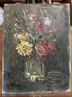 Nature morte, technique mixte, signature non identifié.