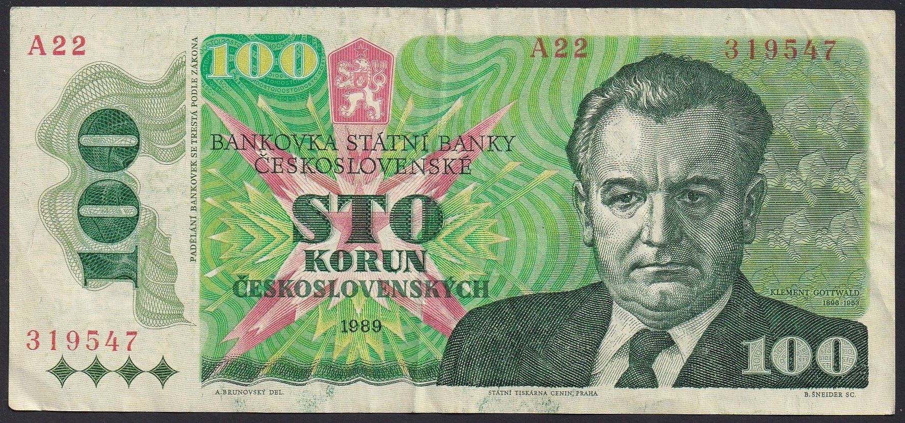 Banknoten: Tschechoslowakei 100 Korun 1989 – Gebraucht aus Brugg AG von banknoten_muesli