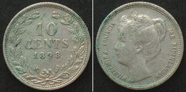 NIEDERLANDE 10 Cents 1898 WILHELMINA Silber SELTEN! ss-vz