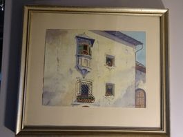 Walter Eggimann Graubünden Engadiner Haus mit Erker Aquarell