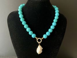 Turquoise Howlite & Baroque Pearl Necklace 14K Gold Plated