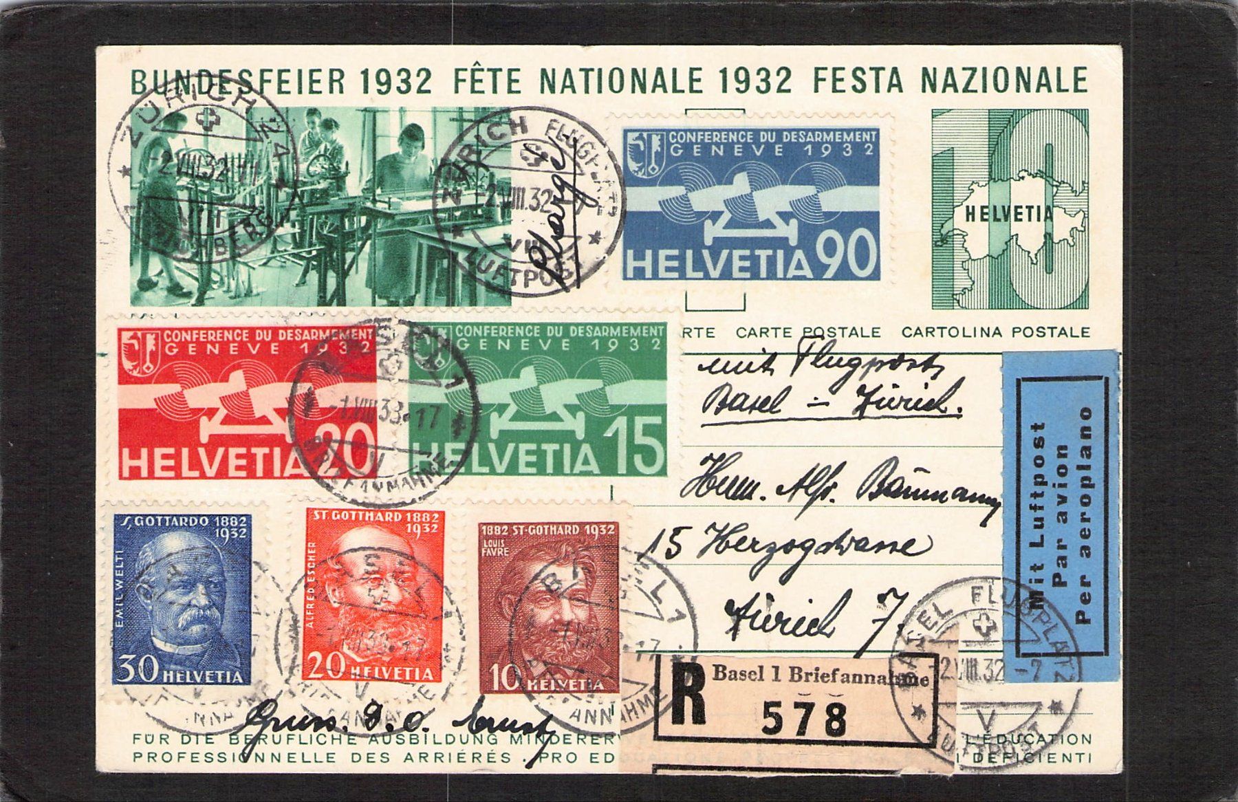 Tutti i francobolli: FDC Bundesfeier 1932 , Nr. 56e , Flugpost ,  2 x Satz – Usato da Reichenburg venduto da Pipo-67