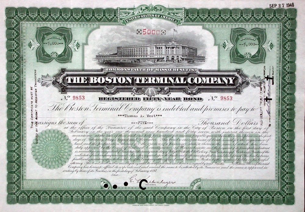 Documenti: 3,5% Boston Terminal Company - 1897 – Usato da Solothurn venduto da Sgasche