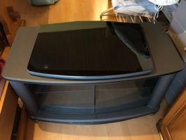 TV Tisch grau, schwenkbar, Glastüren, 6 Fächer