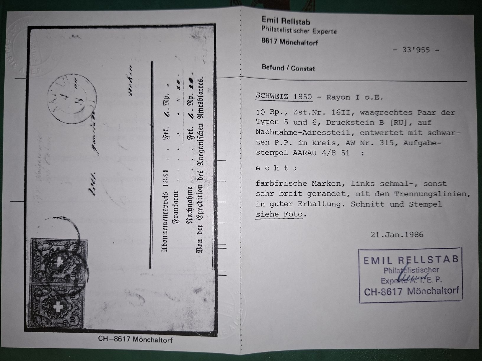 Tutti i francobolli: Rayon 16II Adressteil Stein B Typ 5 / Typ 6 PP Aarau – Usato da Balgach venduto da SIMEON27 1