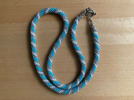 Peyote Spiral Halskette, Türkis-Grau,65 cm Statement Jewelry