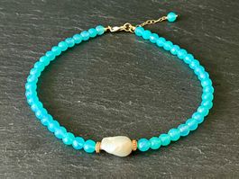 Türkisblaue Chalcedon & Barock Perle Halskette Vergoldet