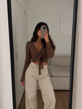 Brauner ZARA Strickpullover mit Bindeband - Grösse S