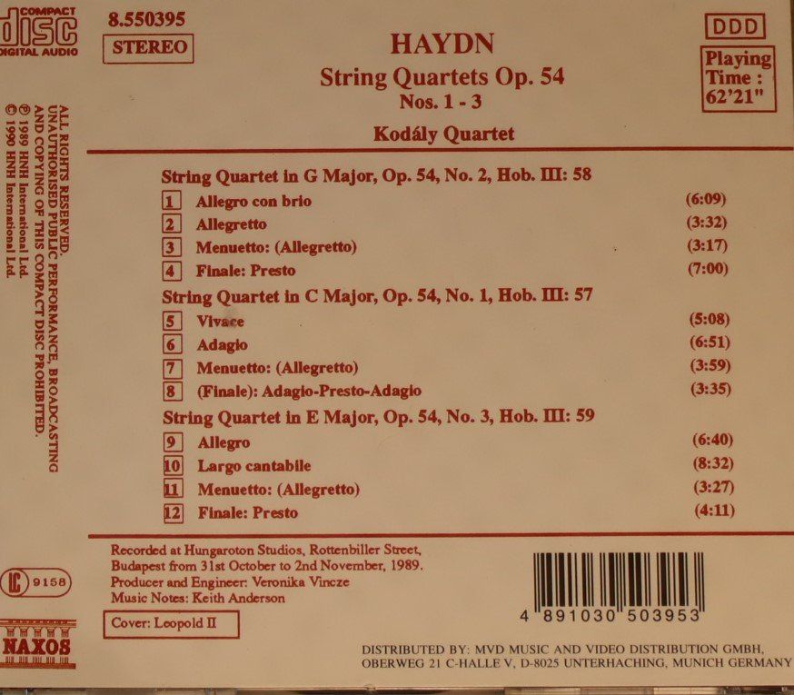 CD: Haydn - Kodály Quartet–String Quartets Op. 54 Nos. 1-3 – Usato da Luzern venduto da CONTENTI 2