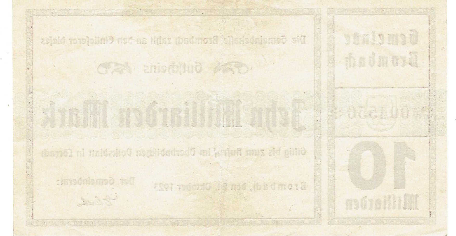 Banconote: Brombach 10 Mrd.Mark 24.10.1923 VZ++-UNZ – Usato da Steffisburg venduto da ber_8htf 1
