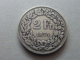 Schöne Alte Silber 2 Fr. 1874  -  Ungereinit  -