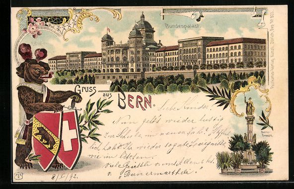 Cartoline postali: Litho Bern, Bundespalast, Bär mit Wappe – Usato da Berlin venduto da bartko-reher