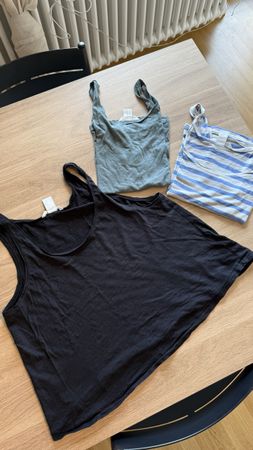 3 Damen Tanktops Set in Schwarz, grün und Gestreift