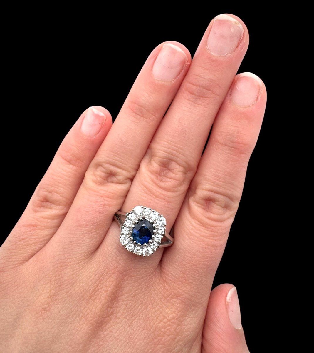 Saphir 1.2c Diamanten 0.7c Ring 18k WG Grösse 58.5 *S2122 (Gebraucht ...
