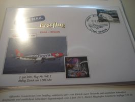 2 Briefe Erstflug edelweiss air, 2011, Zürich-Orlando-Zürich