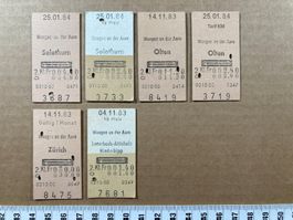 Wangen an der Aare, 6 entwertete Bahn Billette, 1983 / 1984