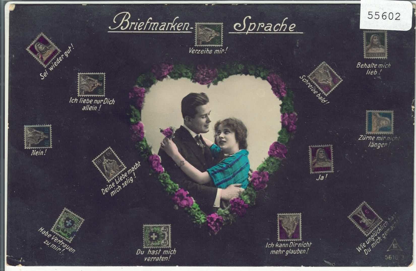 Cartoline postali: Briefmarken-Sprache - Liebespaar couple – Usato da Ettingen venduto da Kartenplanet