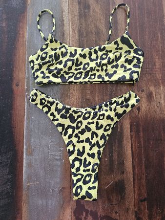 Damen Bikini Leo Print Neongelb Schwarz Grösse xs