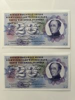 Banknoten Schweiz 1976, 2 Stück 20 Franken, fortl. Nummern