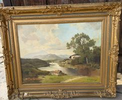 Gemälde Landschaft mit Bergen und Fluss Ölgemälde 95 x 110