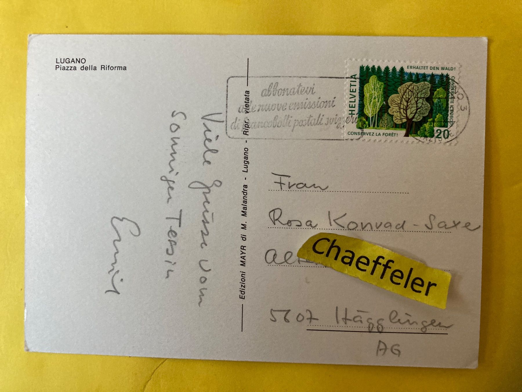 Cartoline postali: Lugano, Piazza della Riforma – Usato da Zürich venduto da Chaeffeler 1
