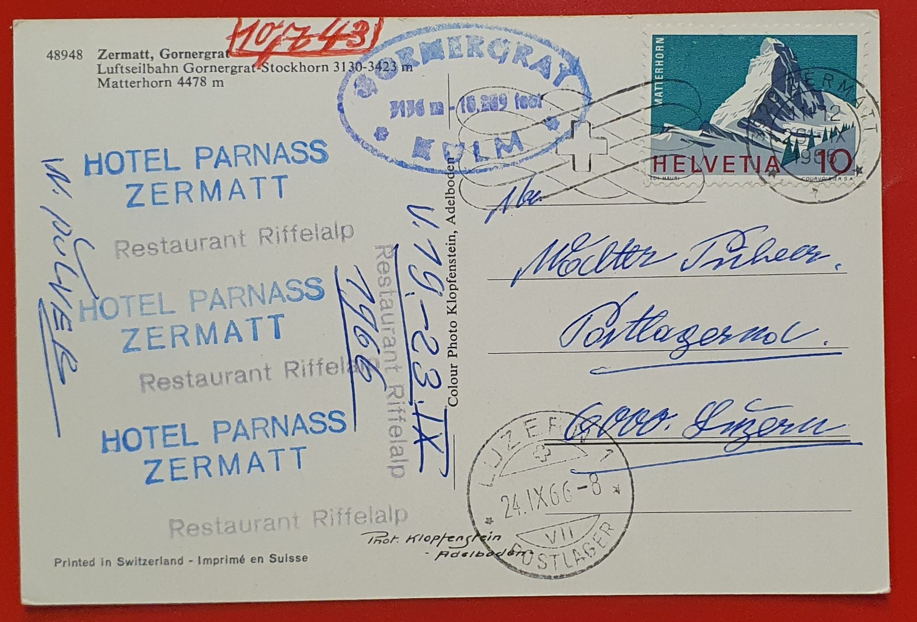 Ansichtskarten: 4 Ansichtskarte Zermatt - mit diversen Hotelstempel – Gebraucht aus Kreuzlingen von Rschweiz1 3