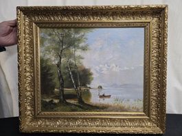 Oelgemälde Landschaft See Boot Goldrahmen signiert AM