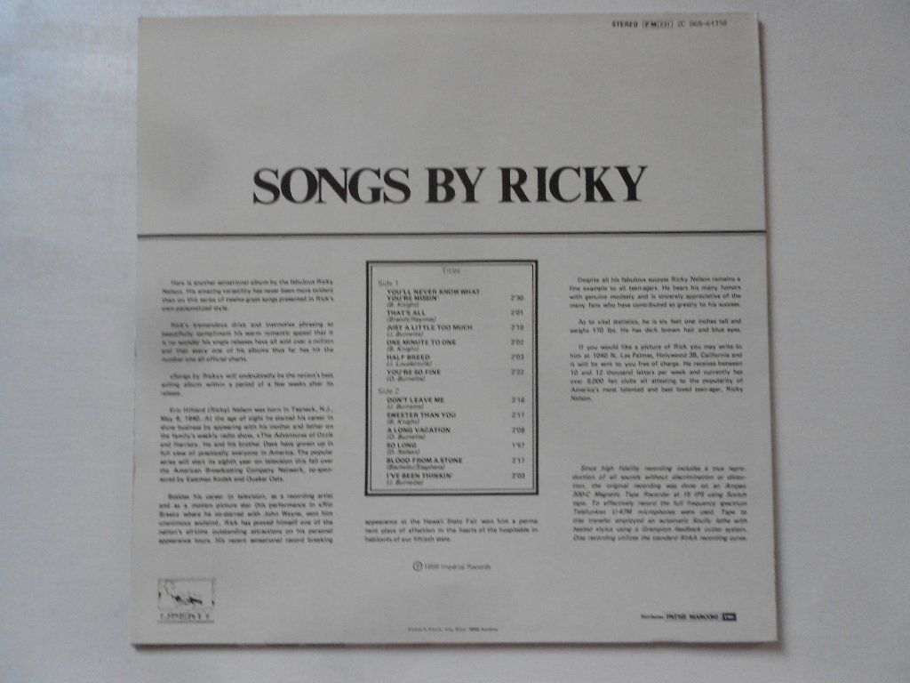 Dischi in vinile: RICKY NELSON  -  SONGS BY RICKY – Usato da Bex venduto da Giorgiob 1
