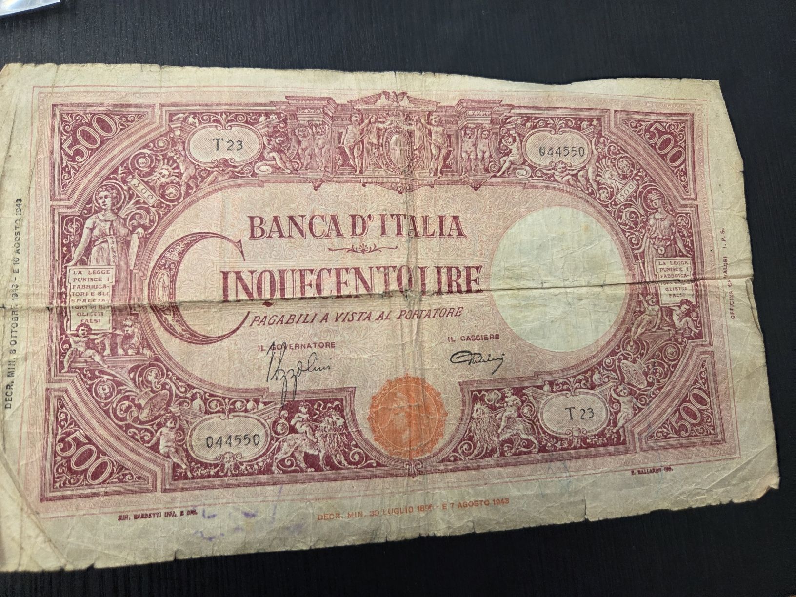 Banconote: 500 Lire Banknote Italien 1943  – Usato da Dietikon venduto da Allegra34