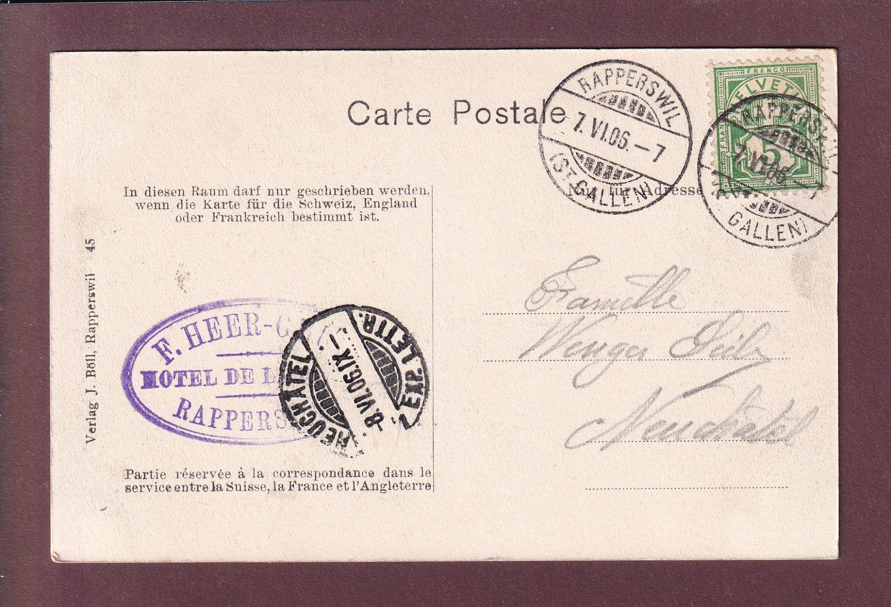 Ansichtskarten: RAPPERSWIL - Hirschpark - 1906 – Gebraucht aus Pully von nicecards 1