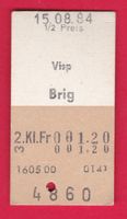KARTON BILLETT, VISP - BRIG, HALBTAX, 2.KLASSE, EINFACH,1984